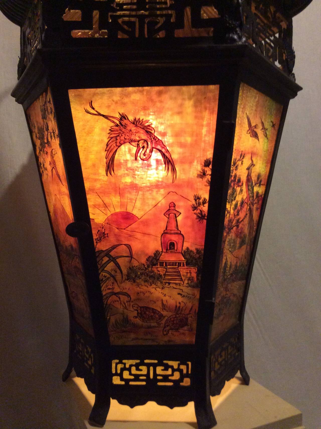 American Arts & Crafts Painted and Stained Glass Panel, Oriental Style Hanging Lantern For Sale