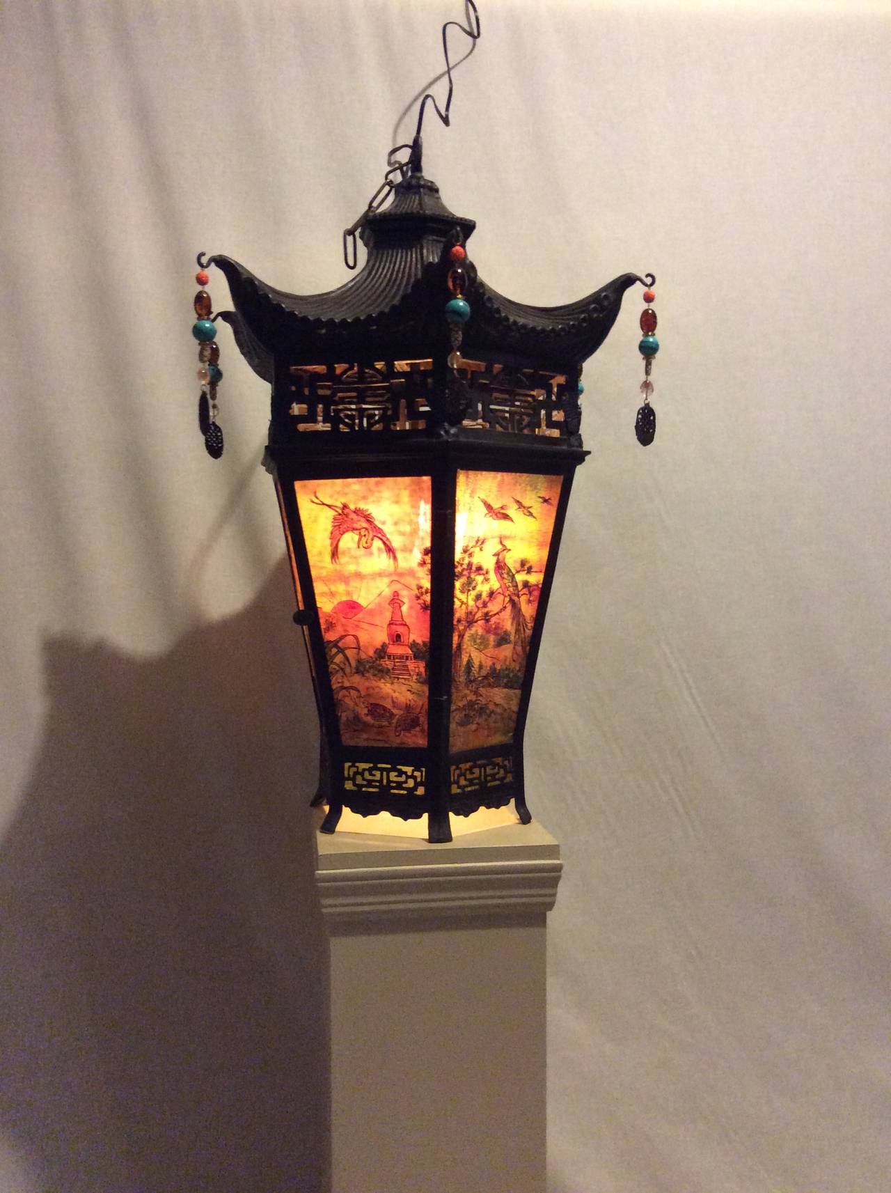 Arts & Crafts Painted and Stained Glass Panel, Oriental Style Hanging Lantern In Excellent Condition For Sale In New York, NY