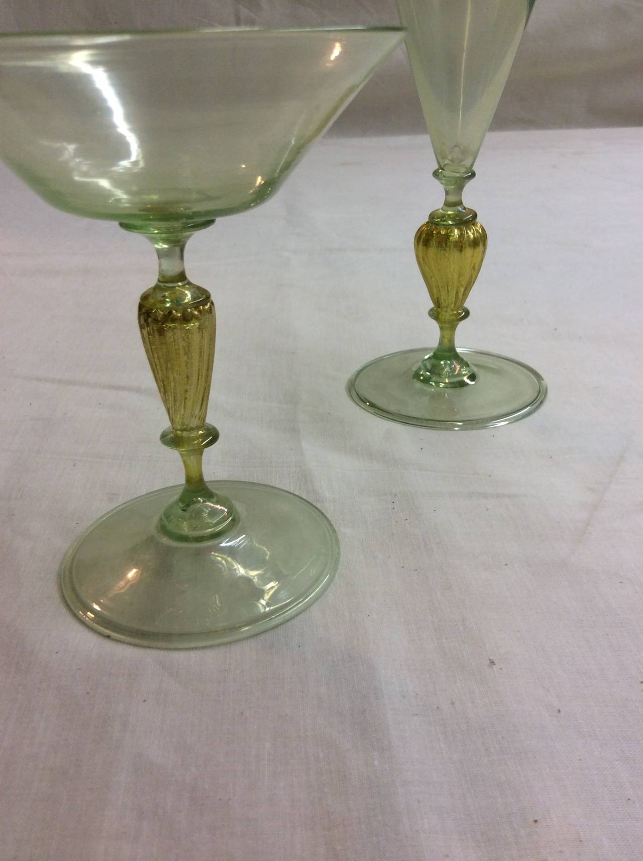 Italian Venetain Glass Champagne, Wine and Desert Bowl and Plates For Sale