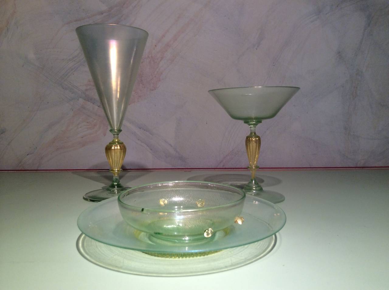 Mid-Century Modern Venetain Glass Champagne, Wine and Desert Bowl and Plates For Sale