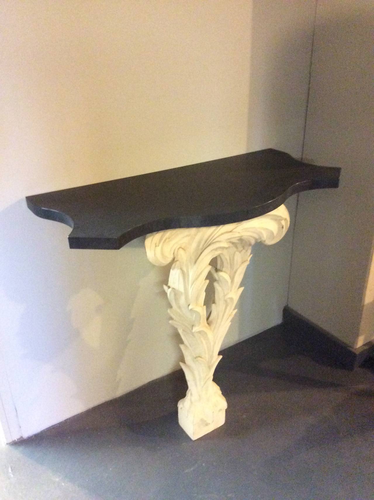 French Serge Roche Carved Wood Console with Black Marble Top For Sale