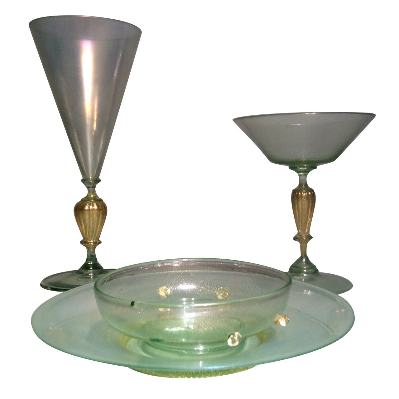 Venetain Glass Champagne, Wine and Desert Bowl and Plates For Sale