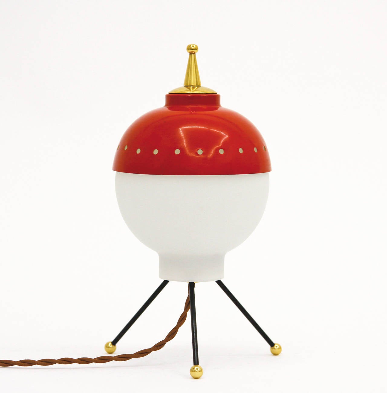 Very unique Mid-Century Italian table lamp with a tripod base, frosted glass globe and a lacquered aluminum 