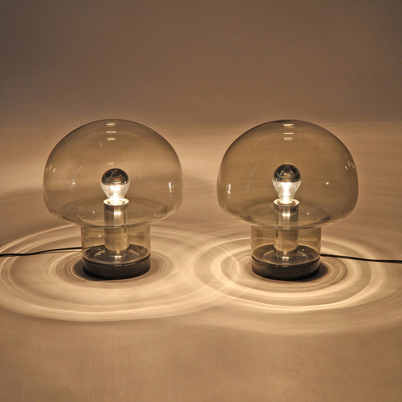 Pair of Smoke Glass Mushroom Table Lamps by Peill & Putzler 1