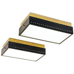 Pair of Italian Brass Flush Mounts with Perspex Diffusers
