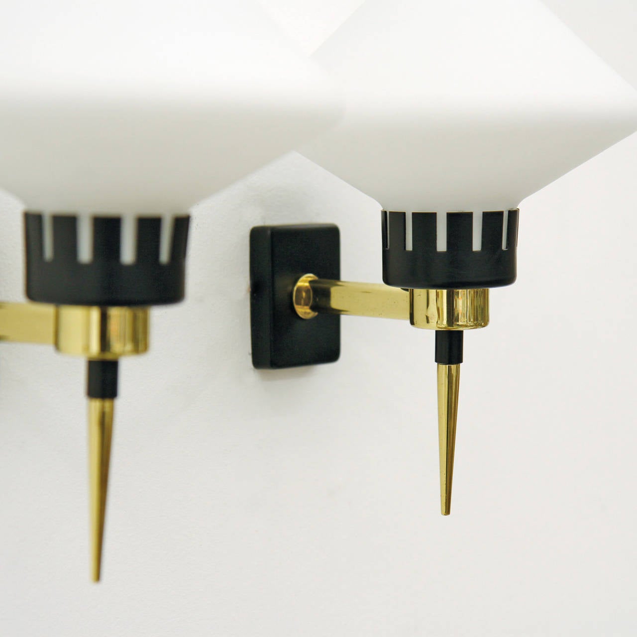 Lacquered Italian Brass and Satin Glass Sconces, 1950s