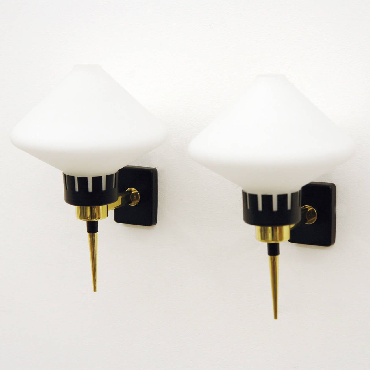 Mid-20th Century Italian Brass and Satin Glass Sconces, 1950s