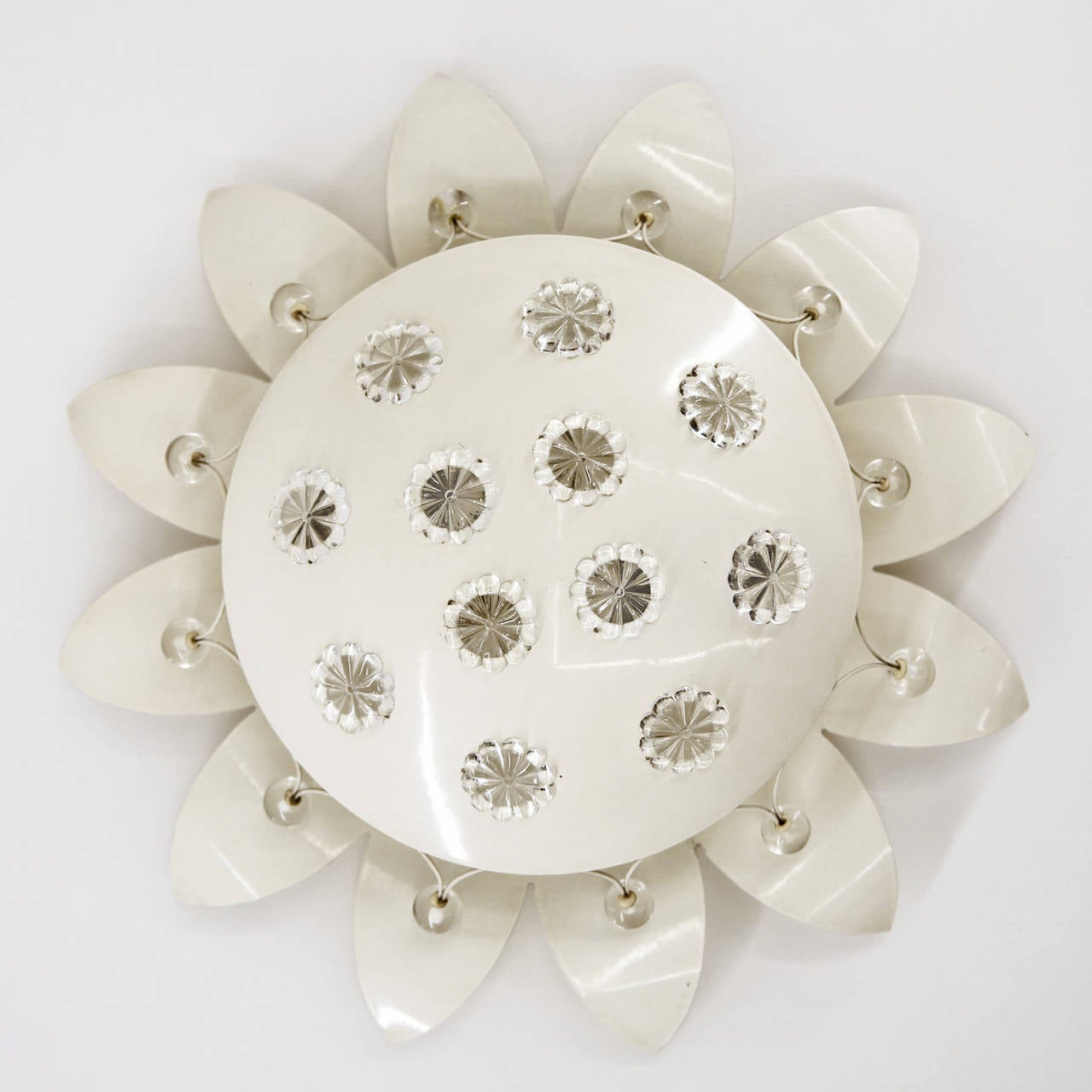 Charming Mid-Century flush mount by Emil Stejnar. Lacquered metal and crystal glass elements in a delicate floral arrangement. Two E14 sockets create a lovely light effect.