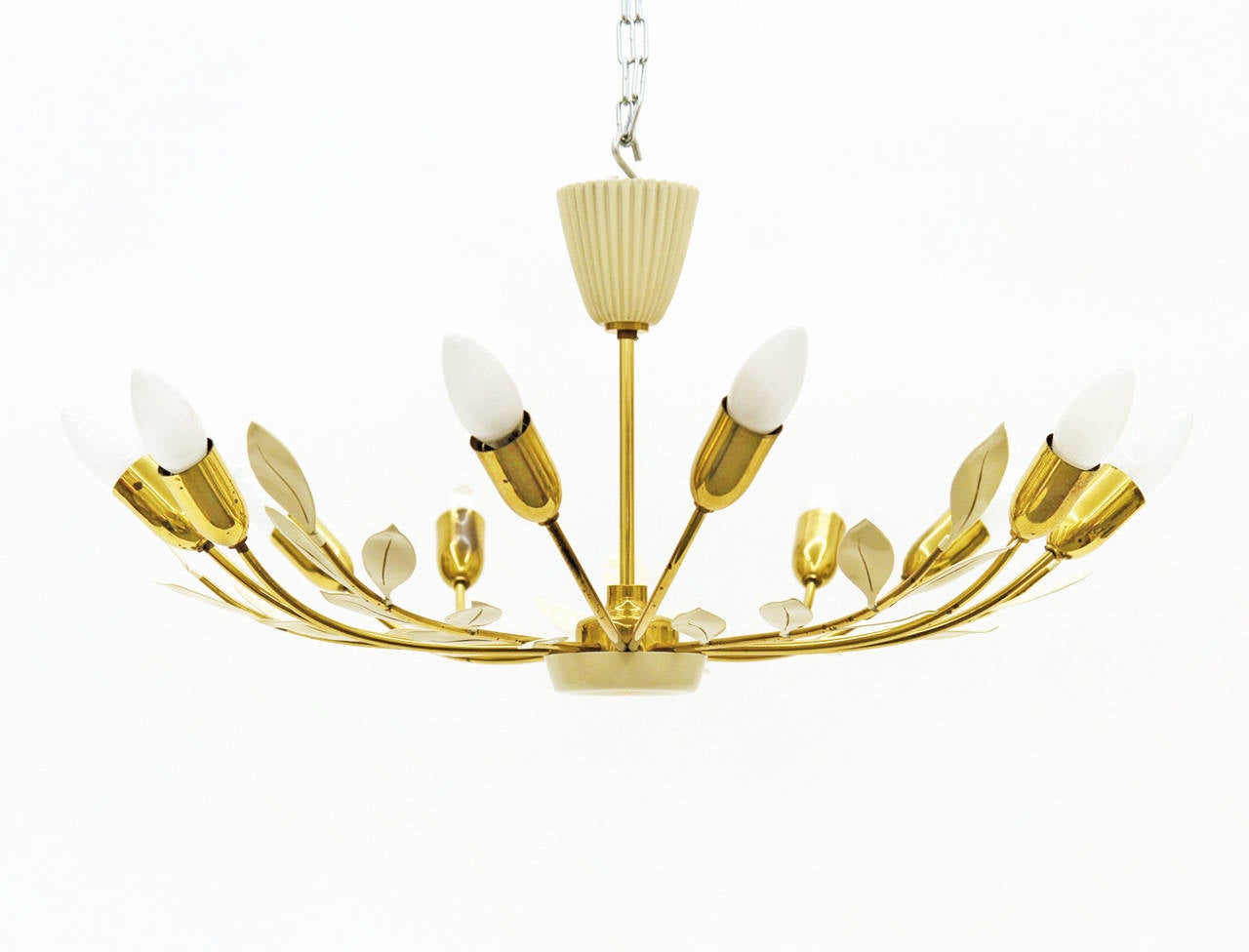 Delicate J.T. Kalmar Brass Leaf Chandelier, Flush Mount