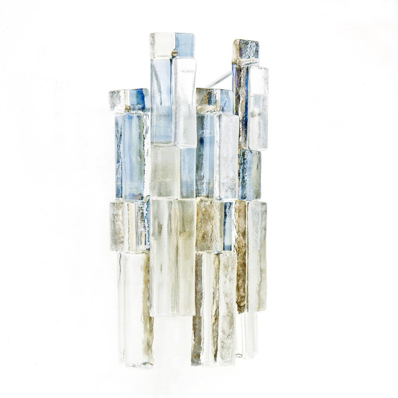 Excellent pair of Kalmar textured glass sconces, each consisting of 5 large iridescent coloured glass elements. The heavily textured glass pieces are mounted in alternating heights around white lacquered backplates with two E14 sockets per wall