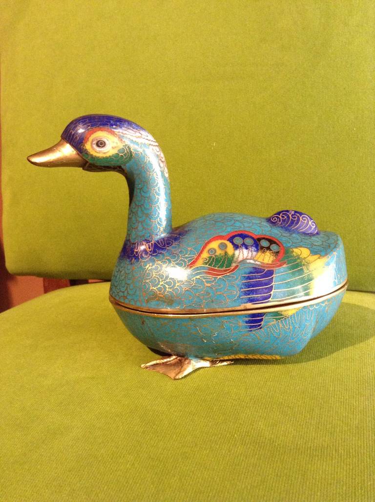 Circa 1900 cloisonne , box duck form .