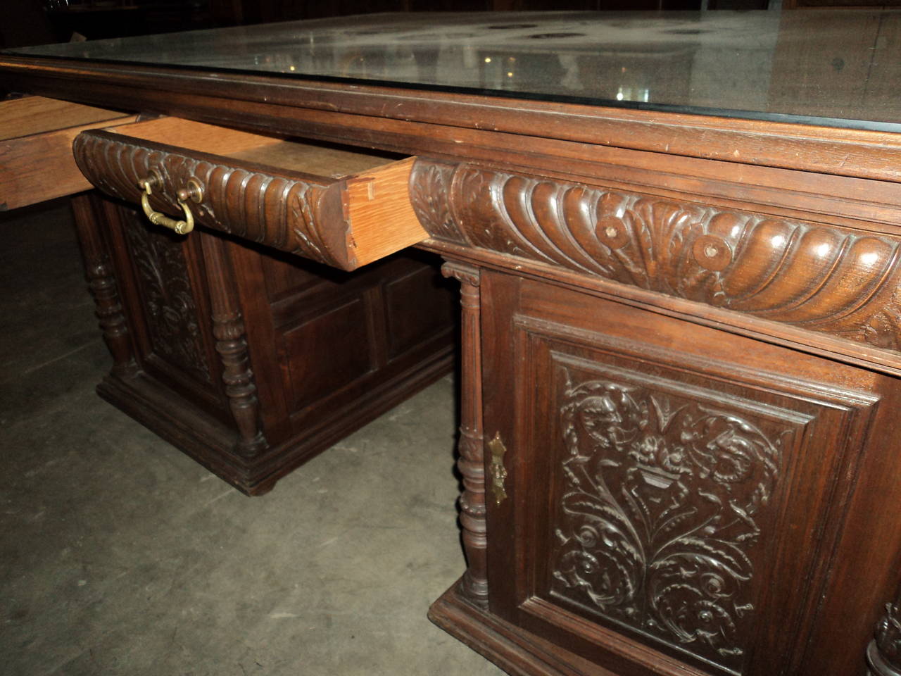 20th Century Carved Walnut Parquet Top Partners Desk For Sale