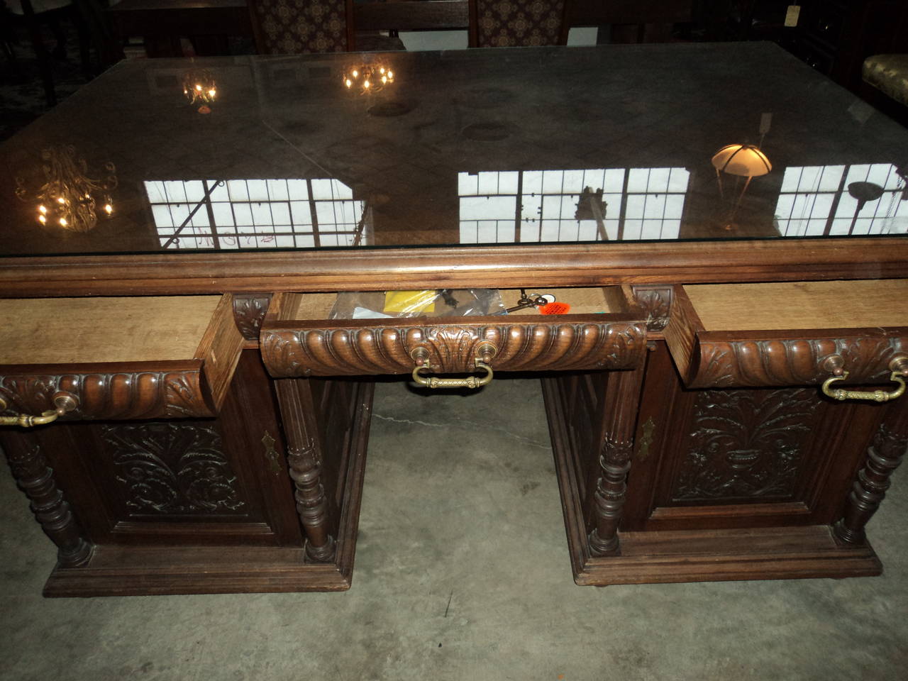 Carved Walnut Parquet Top Partners Desk For Sale 1