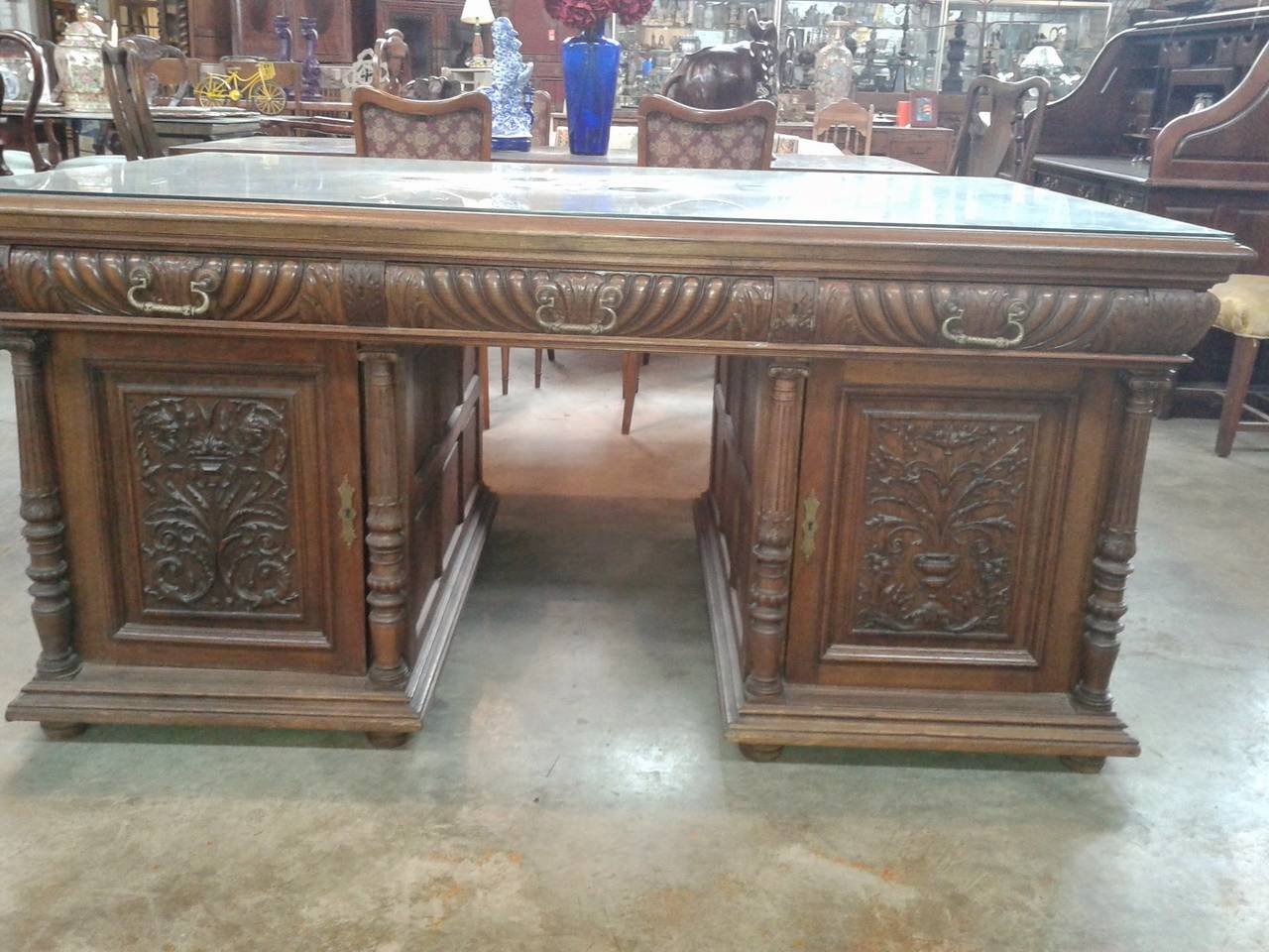 North American Carved Walnut Parquet Top Partners Desk For Sale