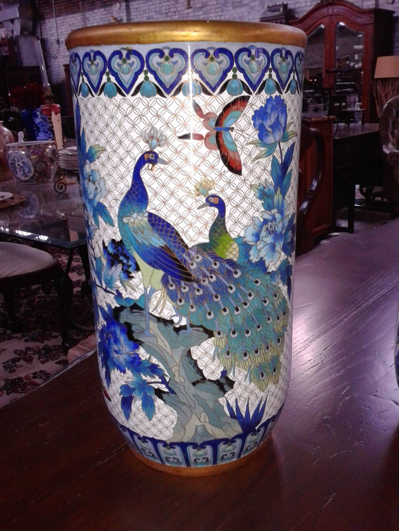 Chinese Cloisonné Peacock Floral Vase or Umbrella Stand, 1880s For Sale