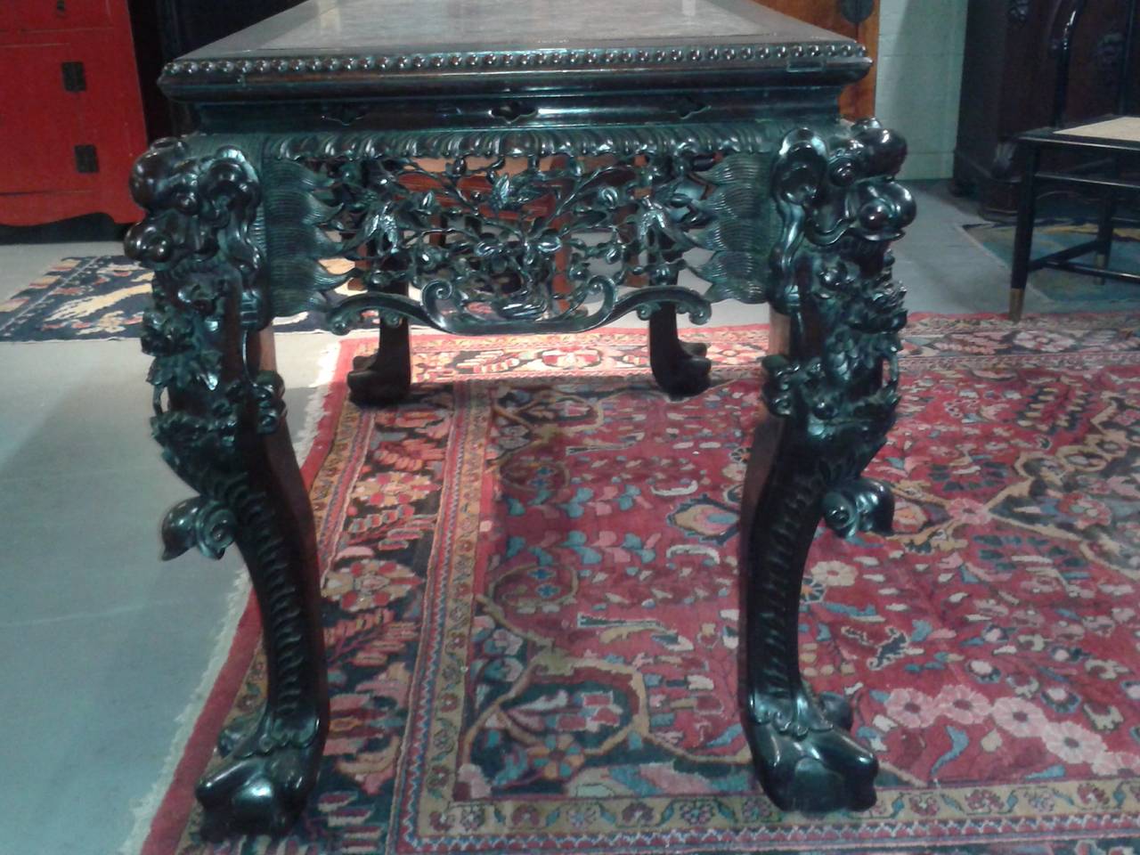 Antique Chinese Carved Rosewood and Marble Desk, 18th Century For Sale 1