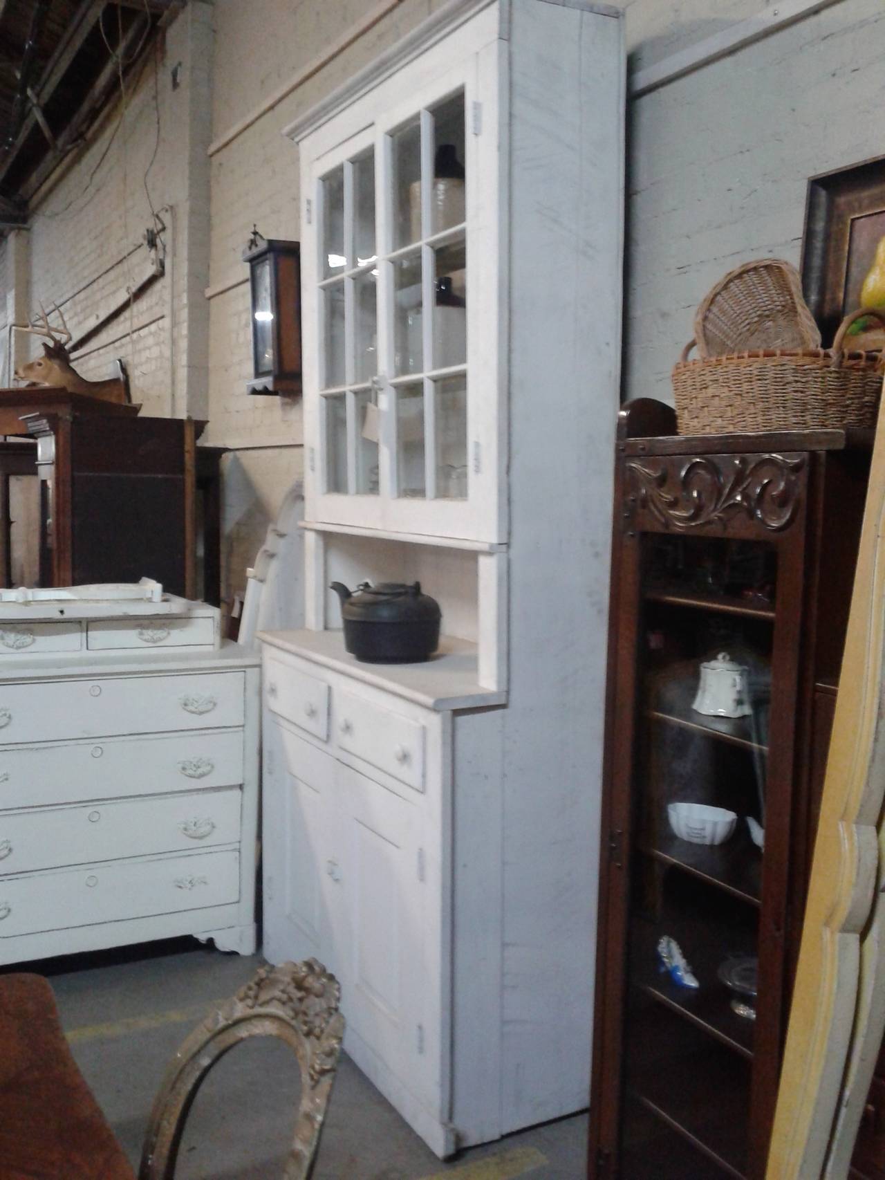 American Colonial 1905 White Kitchen Cabinet with Original Hardware For Sale