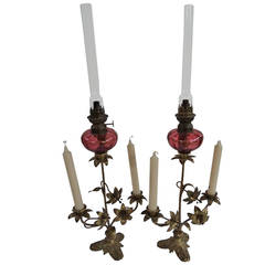 French and Glass and Gold Gilt Oil Lamp with Dual Candleholders