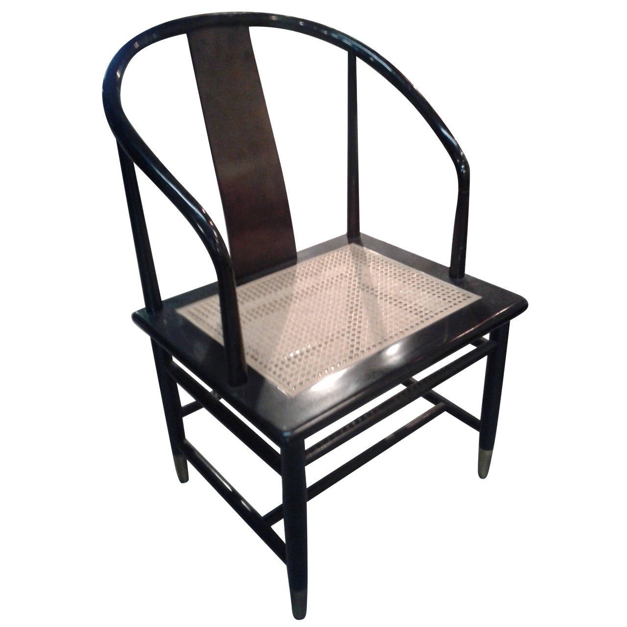 Black Mid-Century Cane Bottom Horseshoe Style Brass Foot Chair For Sale