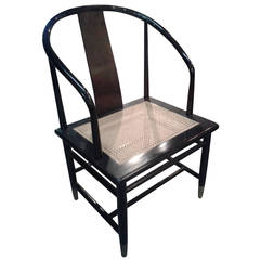 Black Mid-Century Cane Bottom Horseshoe Style Brass Foot Chair