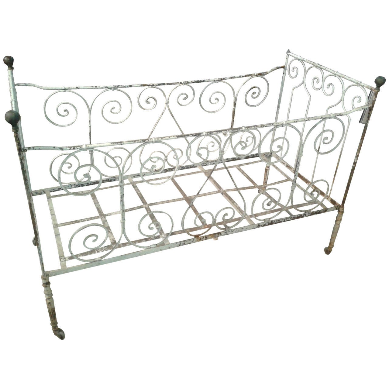 Antique French Wrought Iron Scroll Baby Bed on Casters For Sale
