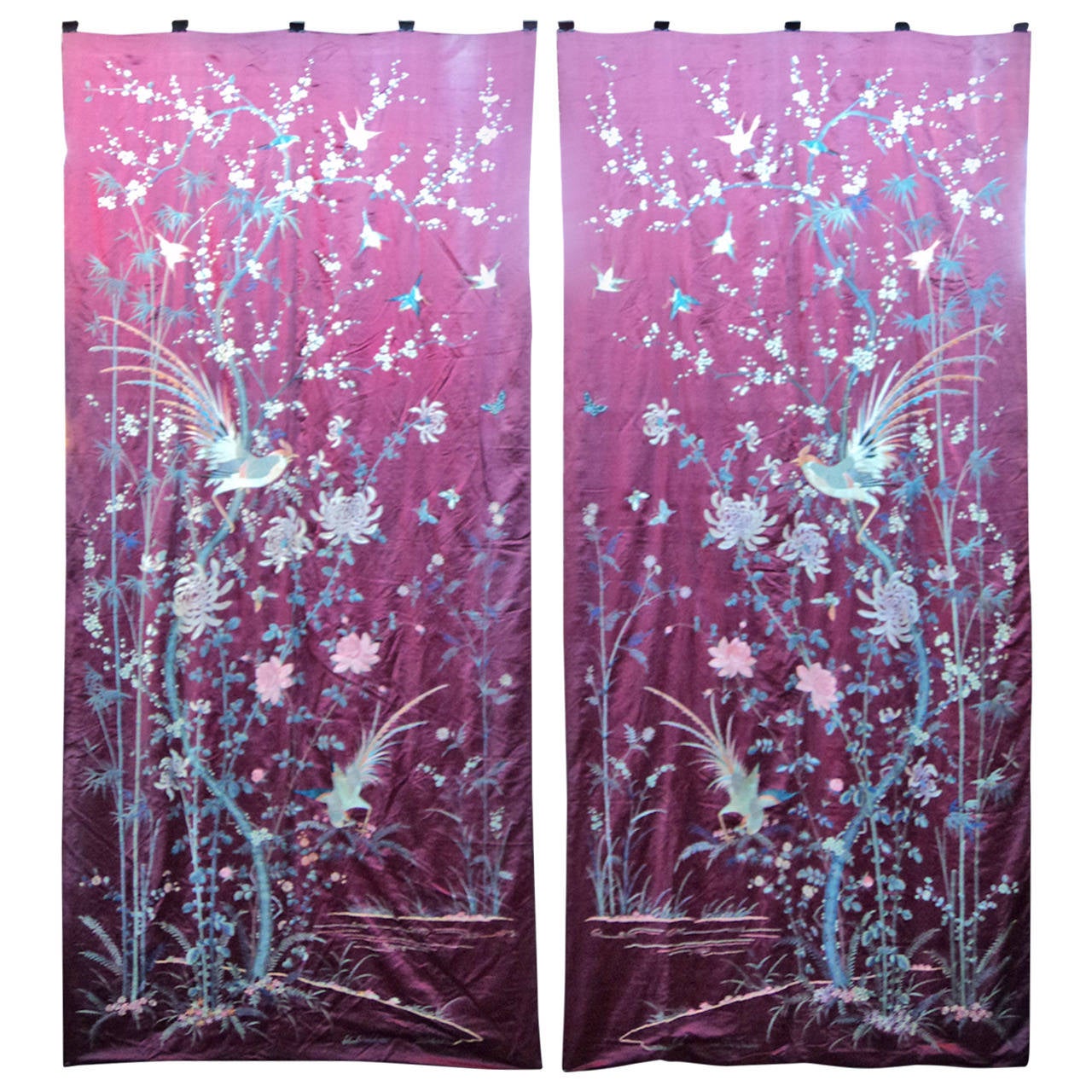 Plum Maroon Hand Embroidered Birds and Flowers Silk Panels from 1902 For Sale