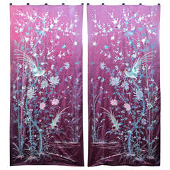 Plum Maroon Hand Embroidered Birds and Flowers Silk Panels from 1902