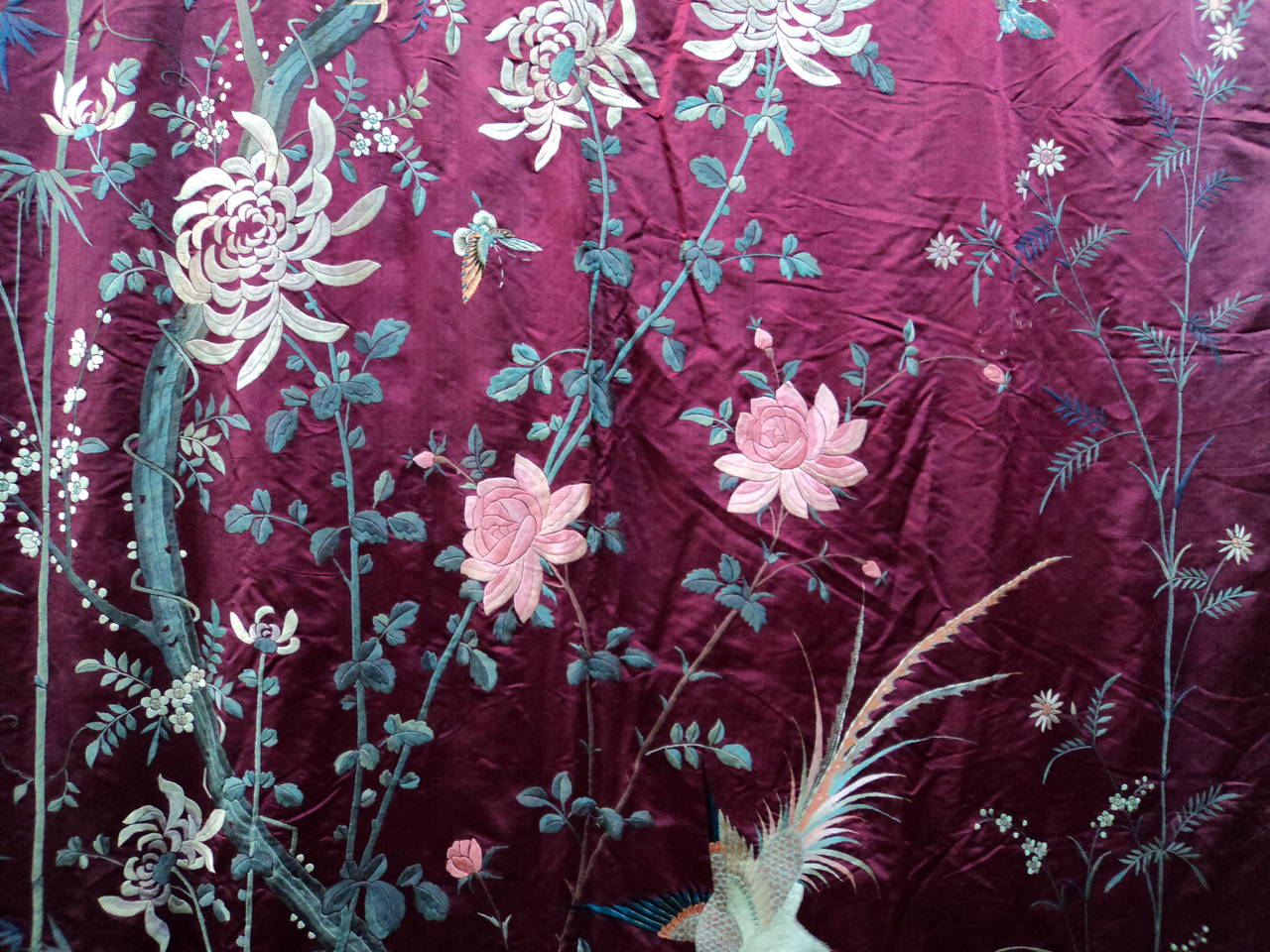 Plum Maroon Hand Embroidered Birds and Flowers Silk Panels from 1902 For Sale 2