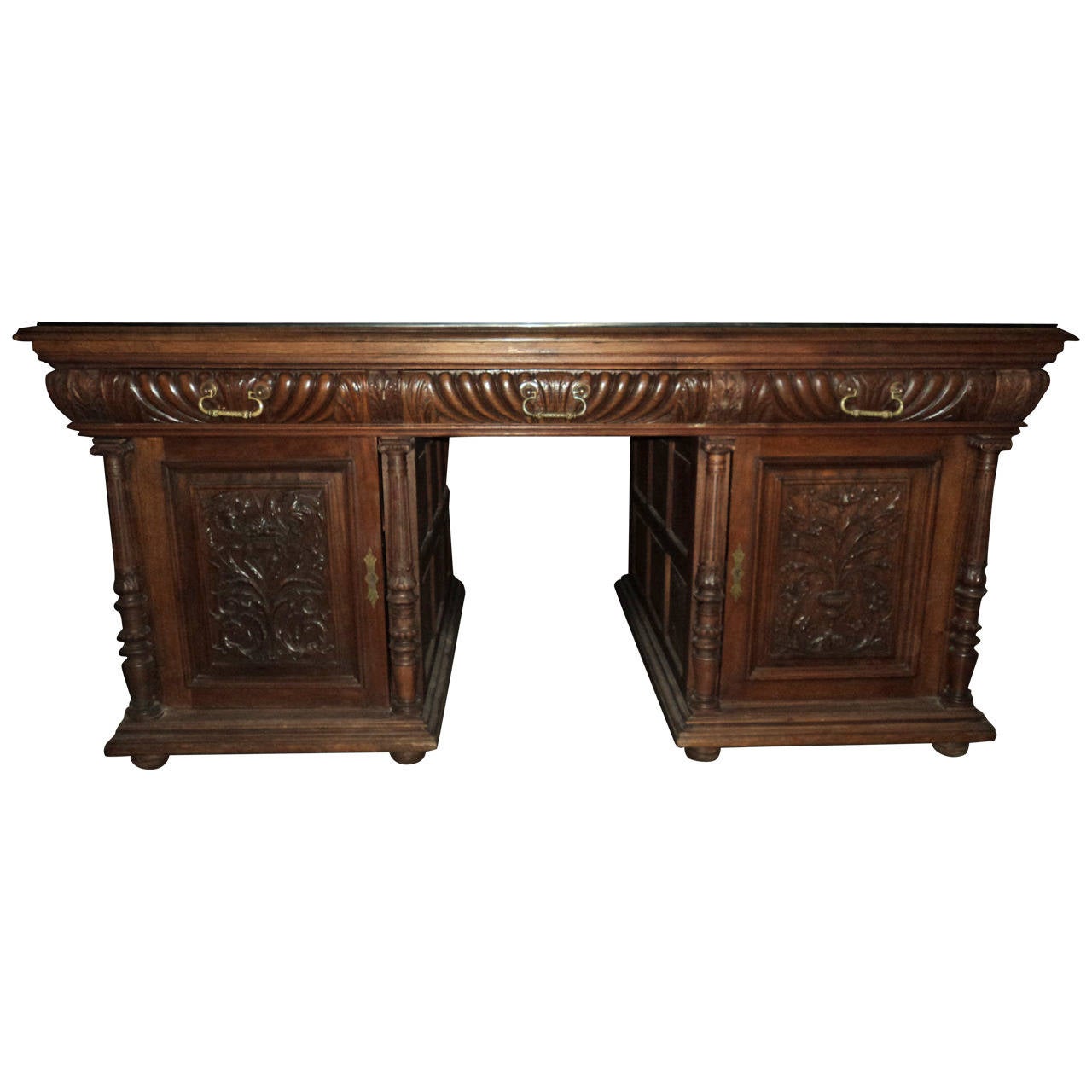 Carved Walnut Parquet Top Partners Desk For Sale