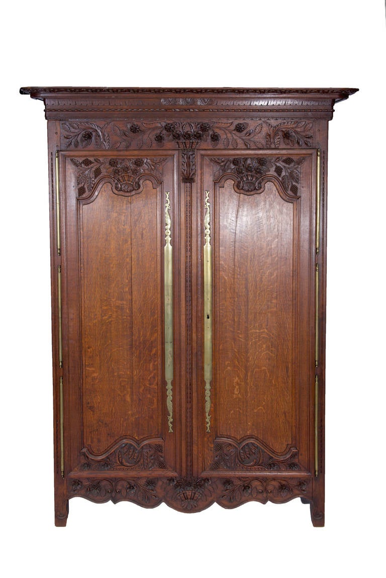 Wedding Basket Tiger Oak Armoire from Provence c. 1870 in near perfect condition.  The age crack on the right door is indicative of its age as it adds to its beauty. The carvings are deep and pristine.  All original hardware.  The carved frieze of