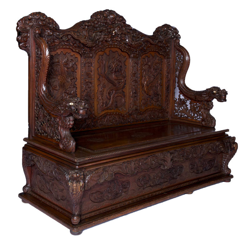 Ivory Japanese Elaborately Carved Wood Bench Seat, Meiji Period, Stunning Condition For Sale