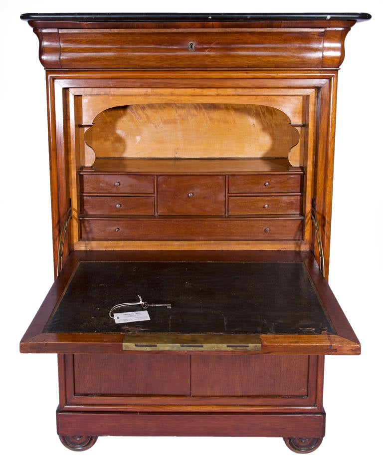 1880 Biedermeier Walnut Dropfront Marble-Top Secretaire Desk