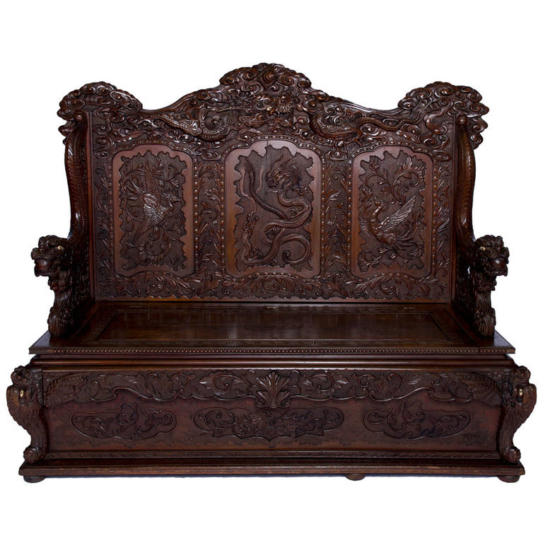 Japanese Elaborately Carved Wood Bench Seat, Meiji Period, Stunning Condition For Sale