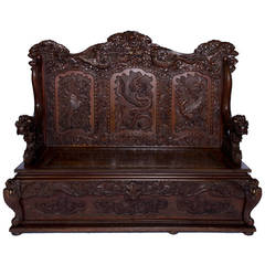 Japanese Elaborately Carved Wood Bench Seat, Meiji Period, Stunning Condition