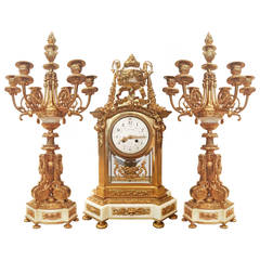 Fantastic French Gold Gilt Bronze and Marble Clock Set, circa 1890