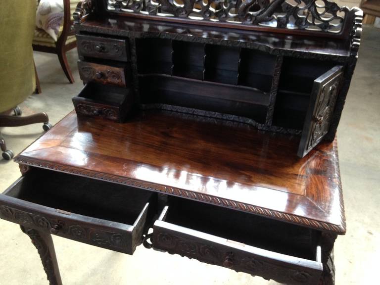 Chinese Export Chinese Hand-Carved Rosewood Writing Desk For Sale