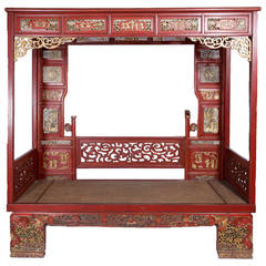 Antique Chinese Opium Bed or Wedding Daybed with Carved Wood Canopy, circa 1850
