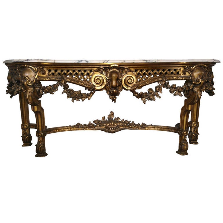 Beautiful French 1900s Louis XV-Style Striated Calcutta Marble-Top Gilt Console For Sale