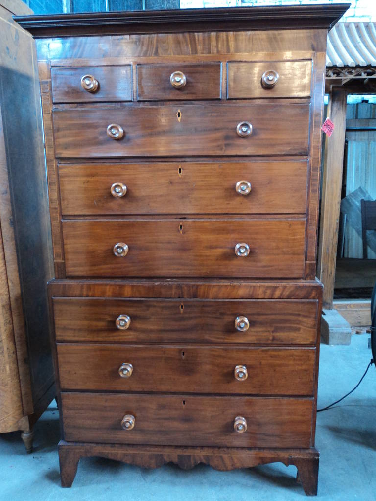 Mahogany Chest on Chest 19th Century with Inlaid Mother of Pearl Drawer Pulls