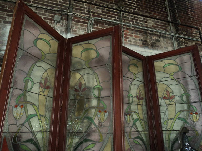 9' Solid Wood Faux Bois and Stained Glass doors from Copenhagen c. 1880