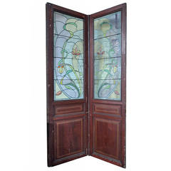 Antique 9' Solid Wood Faux Bois and Stained Glass doors from Copenhagen c. 1880