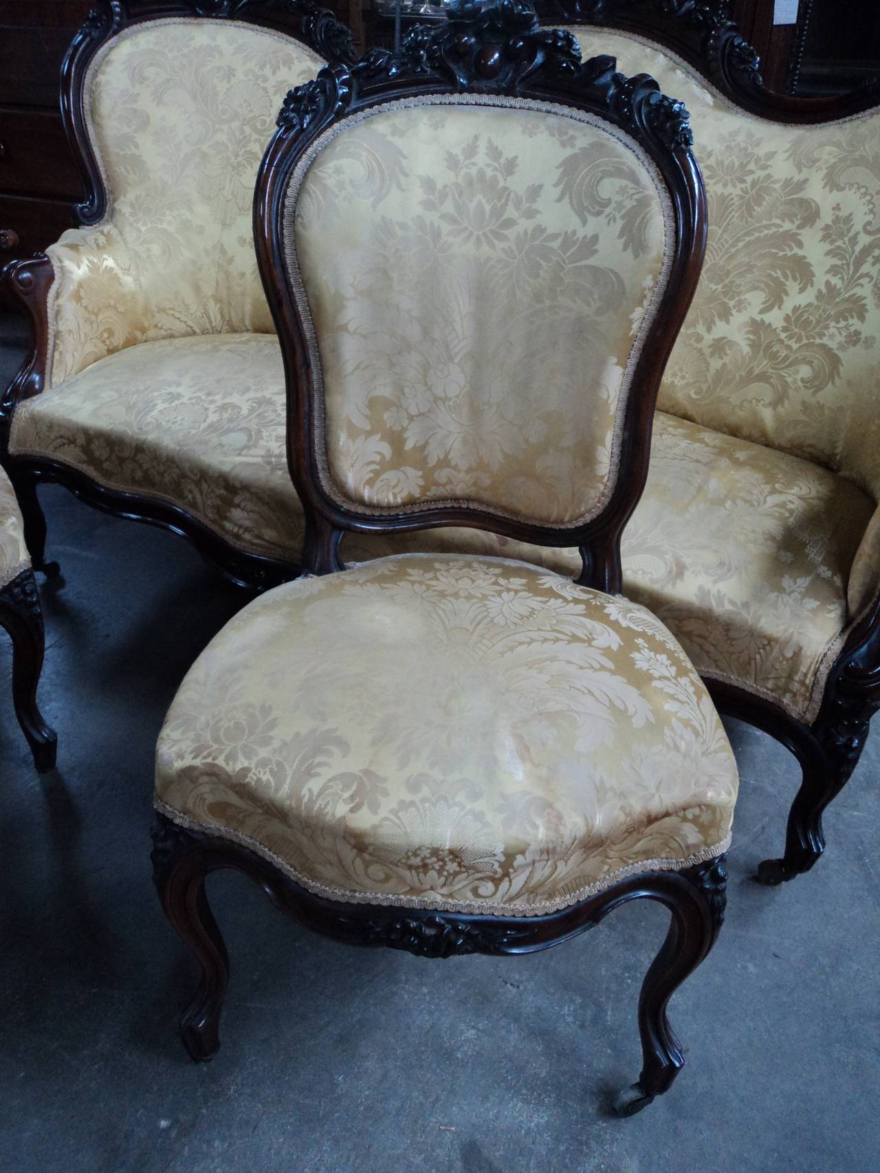 Five-Piece Original Silk Damask and Rosewood Belter Style Complete Parlor Set