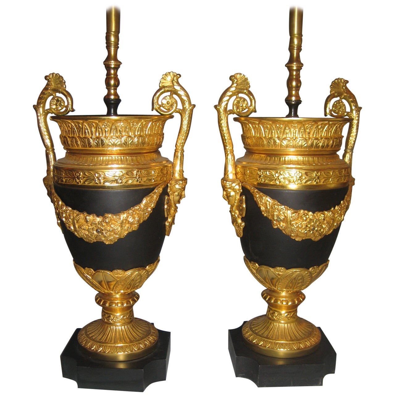 Pair of Antique French Empire Style Gilt Bronze and Patina Bronze Lamps