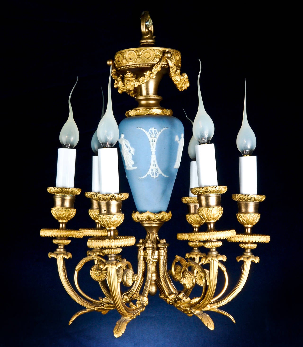 A Fine Antique French Louis XVI style gilt bronze & blue wedgewood jasper ware porcelain chandelier.