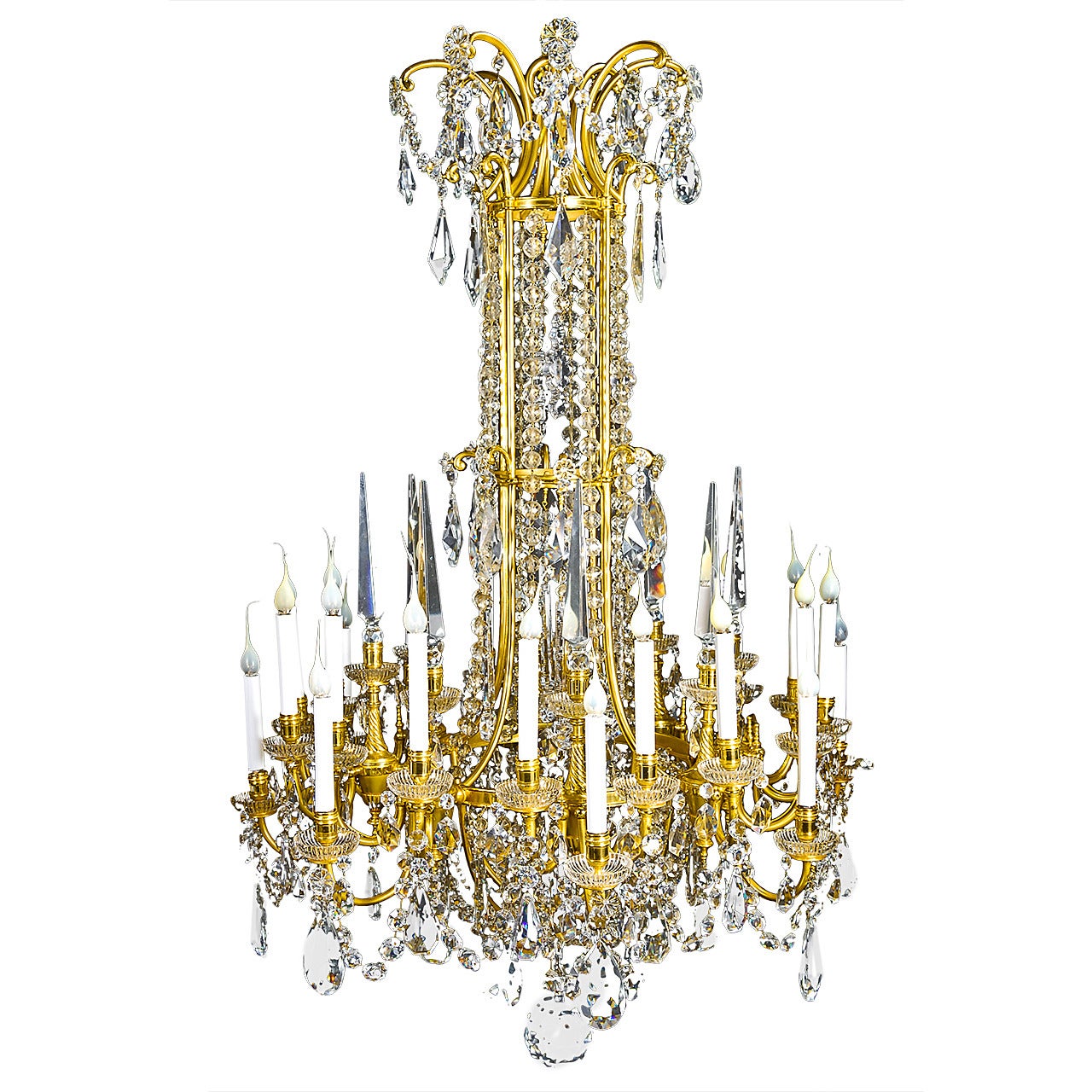 Grande lampadario francese antico in stile Luigi XVI in bronzo dorato e cristallo di Baccarat