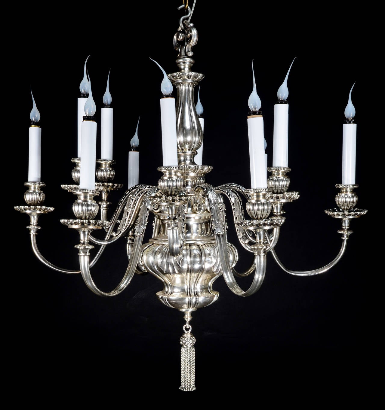 A pair of large antique American silvered bronze double-tier Georgian style multi-light chandeliers by E. F. Caldwell, New York.