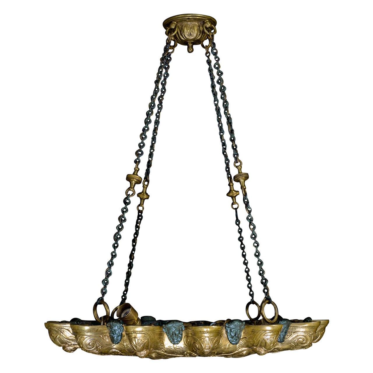 Unique Antique American Caldwell Neoclassical Gilt and Patina Bronze Chandelier For Sale