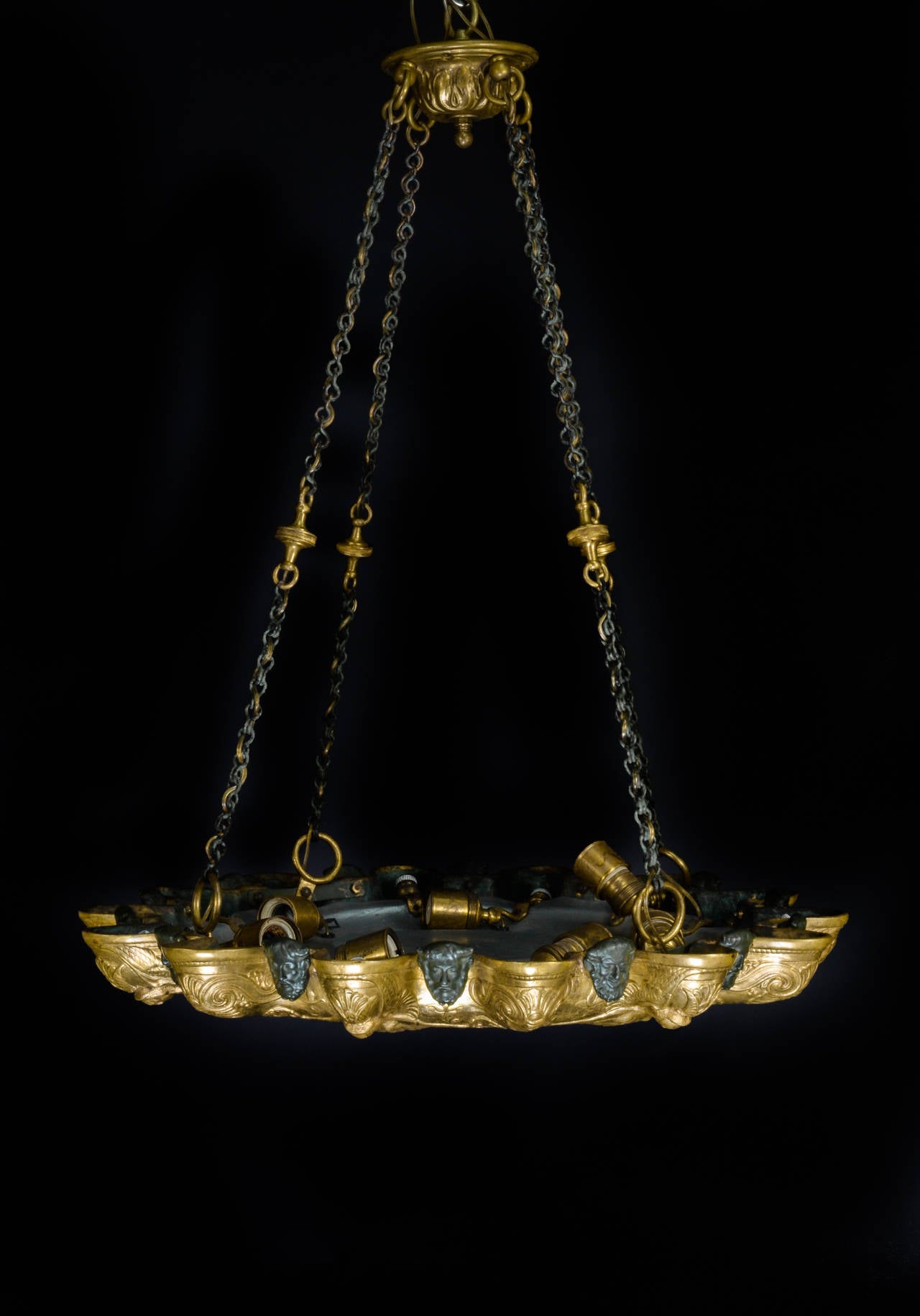 Unique Antique American Caldwell Neoclassical Gilt and Patina Bronze Chandelier For Sale 1