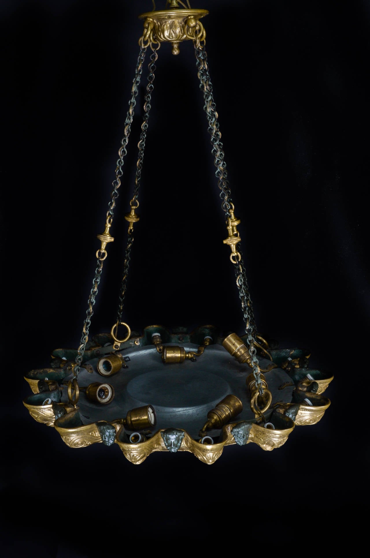 Unique Antique American Caldwell Neoclassical Gilt and Patina Bronze Chandelier For Sale 2