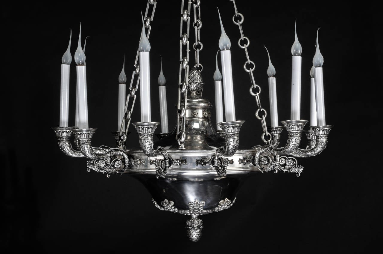 Large Antique, French Empire Style, Neoclassical Silvered Bronze Chandelier In Good Condition For Sale In New York, NY
